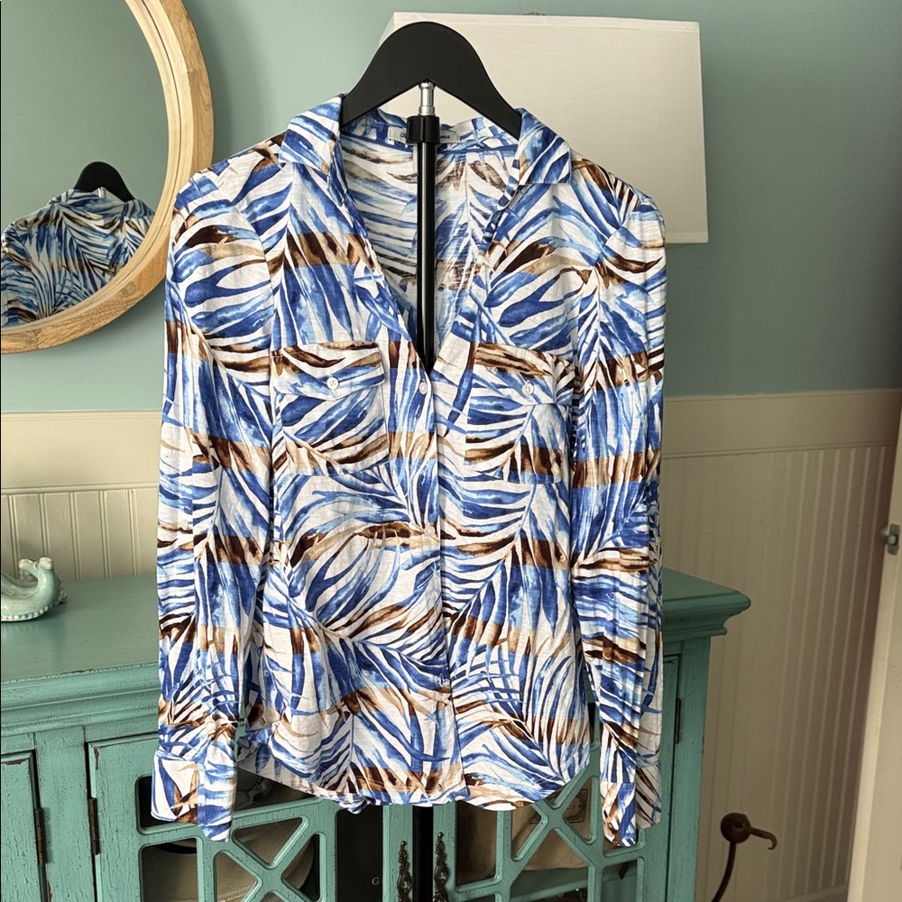 Tommy Bahama Blue and Brown Palm Frond Patterned Women's Top